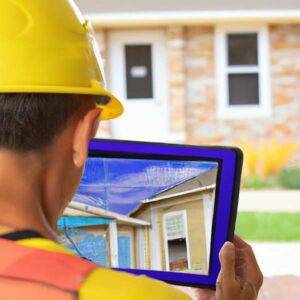 Ein Bauarbeiter mit gelber Warnweste und gelbem Schutzhelm steht vor dem Rohbau eines Hauses und schaut auf sein Tablet, auf dem ein Bild des Hauses, sowie Diagramme zu sehen sind, dank der Digitalisierung und Automatisieren seiner GeschÃ¤ftsablÃ¤ufe.