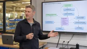 Mitarbeiter erklärt einen Arbeitsablauf vor einem Prozessdiagramm auf einem Bildschirm in einer Produktionsumgebung – Sinnbild für KI-gestützten Wissenstransfer im Mittelstand.
