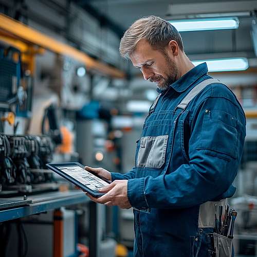 Ein Handwerker in typischer Arbeitskleidung steht in einer modernen Werkstatt und nutzt ein Tablet in der Digitalisierung und Automatisierung im Handwerk, um digitale Arbeitsanweisungen zu prüfen.